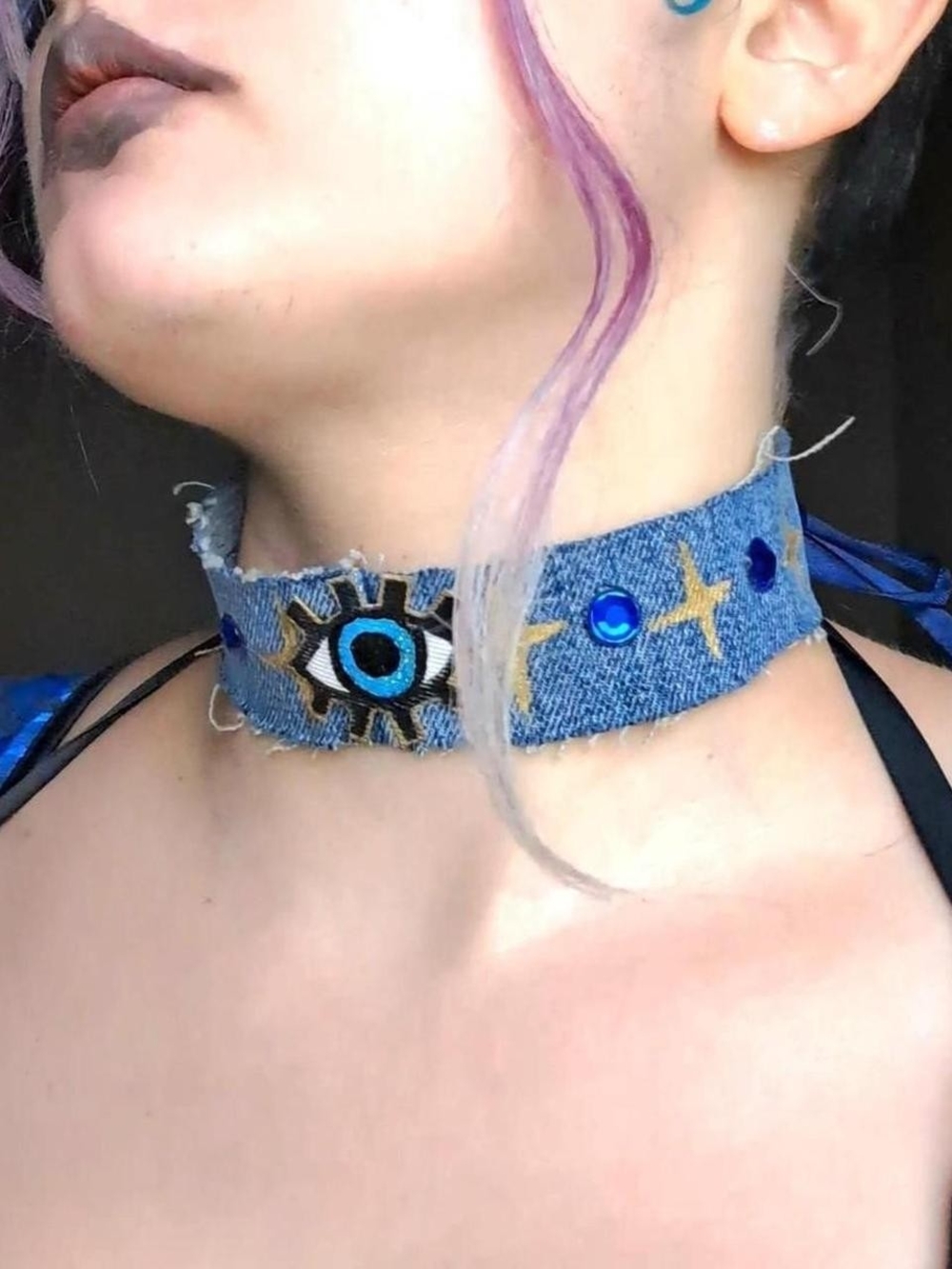 Evil Eye Handmade Denim Rhinstone Ribbon Choker
